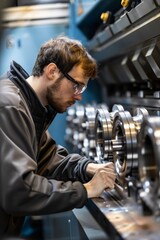 Precision Engineering: Operator Inspecting CNC Machined Part in Industrial Setting