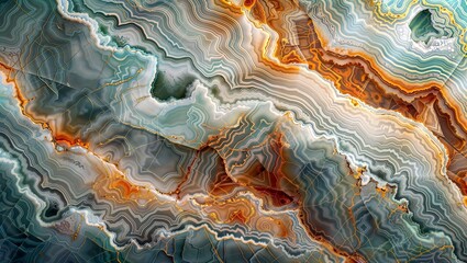 Obraz premium Geological Abstract. An intricate abstract pattern resembling geological formations with vibrant hues of orange, green, and blue, featuring wavy, layered lines and textures.