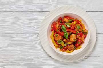 zesty italian sausage peppers and onions, top view