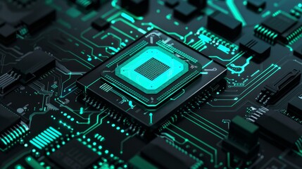 Fototapeta premium Close up photo of teal pcb printecd circuit board electric paths 