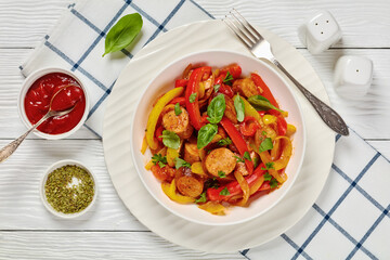 zesty italian sausage peppers and onions, top view