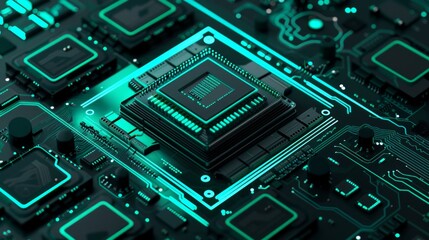 Fototapeta premium Close up photo of teal pcb printecd circuit board electric paths 