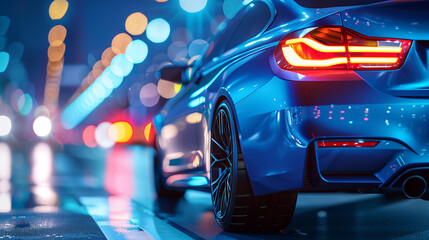 A car is parked on a wet street at night