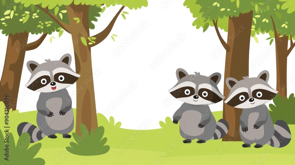 Poster Cute raccoons hiding behind trees in the forest.