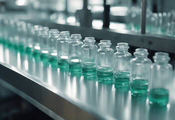 Medical vials on production line at pharmaceutical factory Pharmaceutical machine working pharmaceut