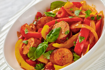 zesty italian sausage peppers and onions, top view