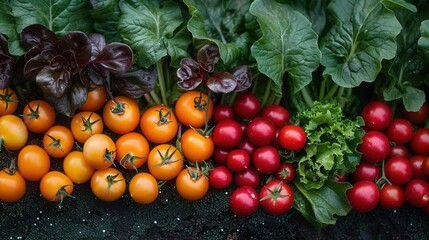 Rows of tomatoes (different colors) and leafy greens (red, orange, and green) are growing together.