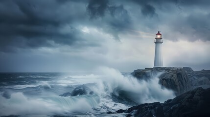 A solitary lighthouse standing tall on a rugged coastline, overlooking a stormy sea