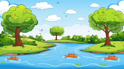 Naklejka premium Cartoon River with Fish.