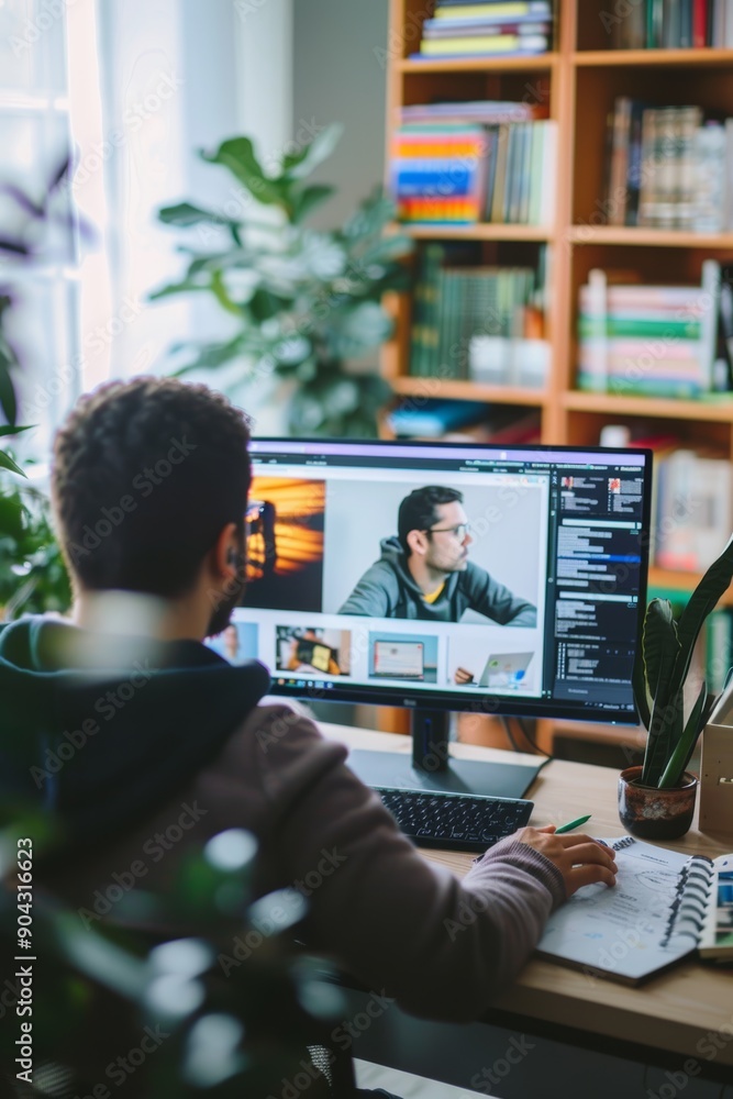 Poster professional in modern workspace taking online course with instructor on split screen