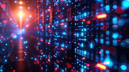 Fototapeta premium A long hallway with many computer servers. The servers are lit up in a neon pink and blue color