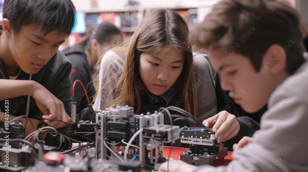 Poster students collaborating on robotics project in stem classroom for educational workshop