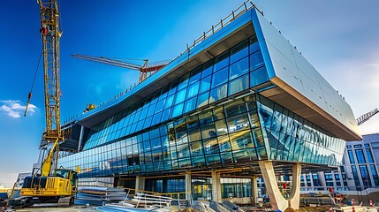Modern office building under construction with cranes