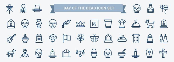 Line art icon set various elements related to day dead celebration including skeleton skull candles offerings, food dancing music drink