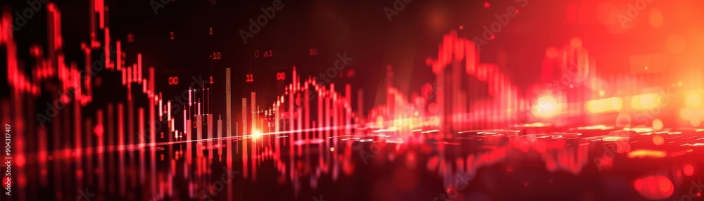 Poster a red and black image of a cityscape with a red line that is going down. the image has a mood of sad
