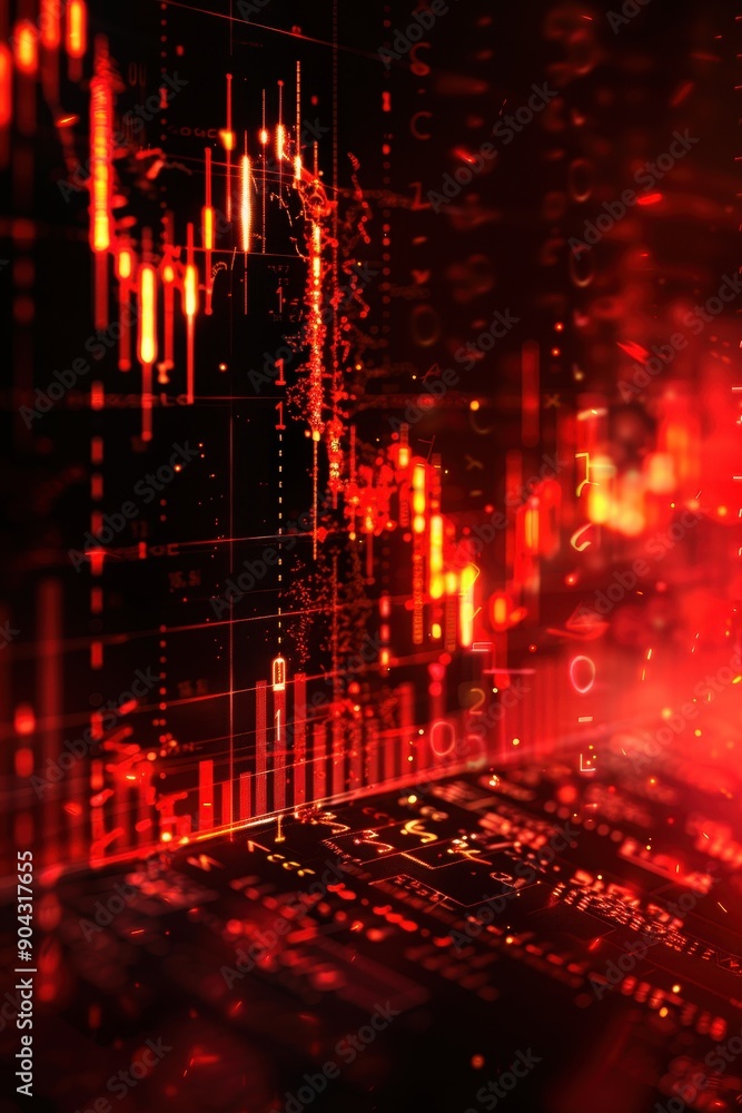 Poster a red and black image of a cityscape with a red line that is going down. the image has a mood of sad