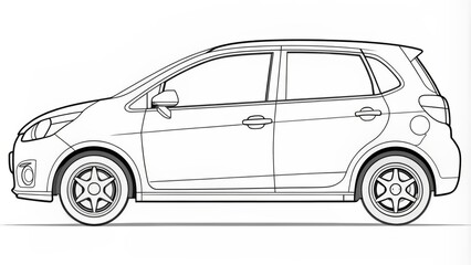 Side View Outline Drawing of a Compact Car with Detailed Wheels - Black and White Illustration, Line Art, Simple, Minimalist, Automotive, Transportation, Vehicle