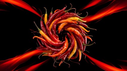 Dynamic Swirl of Chilies Creating Fiery Explosion Against Dark Background. Spicy chilies swirl and twist together, creating a dynamic and fiery explosion against a dark black background. 