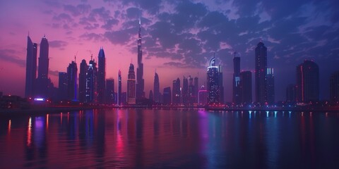 Fototapeta premium The Stunning Dubai Skyline beautifully illuminated at Dusk with Vibrant Reflections shining brightly