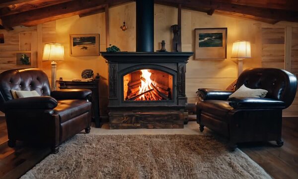 The room is equipped with a wood stove for heating.
