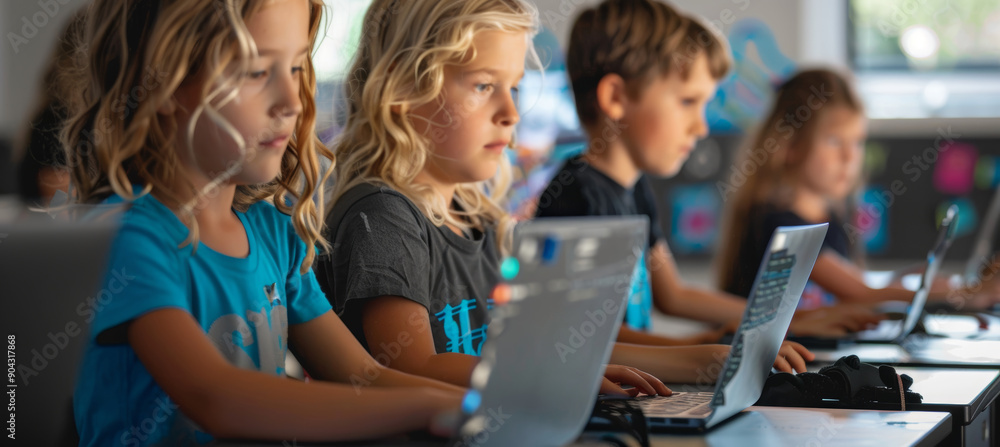 Aufkleber collaborative stem education in modern classroom: children engaged in coding project with laptops