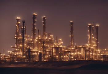 Fototapeta premium Oil refinery plant for crude oil industry on desert in evening twilight energy industrial machine fo