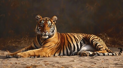 On a sandy spot a tiger rests with its stripes plainly displayed