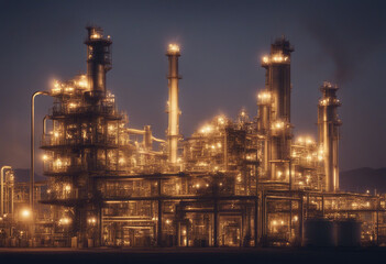 Fototapeta premium Oil refinery plant for crude oil industry on desert in evening twilight energy industrial machine fo