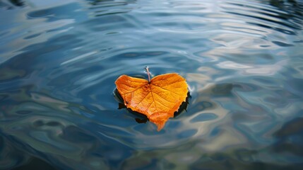 Peaceful Autumn Heart-Shaped Leaf Floating on Serene Lake, Symbolizing Tranquility and Nature's Beauty