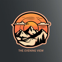 Sunset, mountains and beach logo, evening sunset beach illustration.