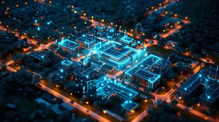 An aerial view of a corporate campus with secure network overlays and encrypted connections highlighted