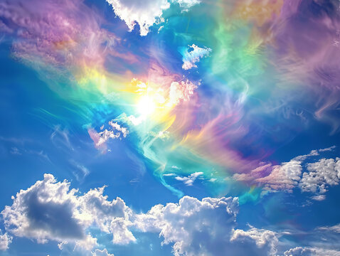 Blue sky cloud iridescence background