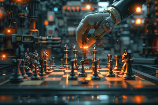 Digital artwork shows a chessboard with industrial machine parts. One hand leans in to make a strategic move.