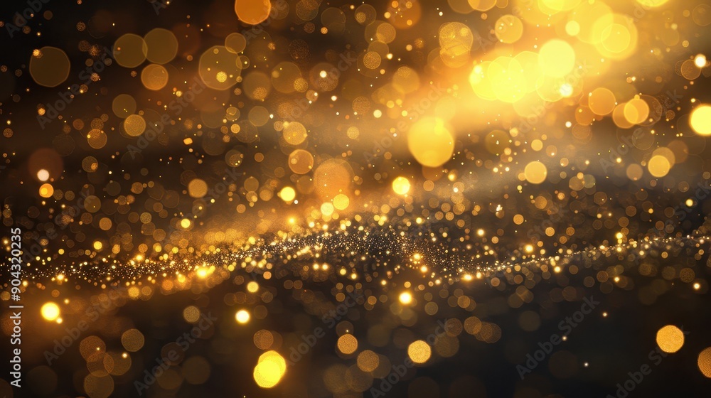 Poster a gold and black background with many small gold circles. the circles are scattered all over the bac