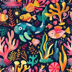 Fototapeta premium Whimsical eco-friendly seamless pattern with cute animals and plants, pastel colors, nature-inspired design, playful and bright