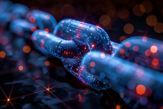 A close-up of a chain illuminated by a vibrant blue light, highlighting its intricate links and glowing effect.