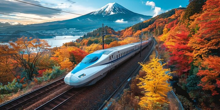 Japanese Bullet Train Through Autumnal Landscape