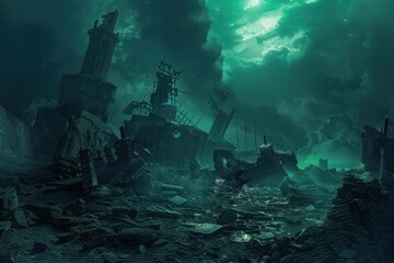 Apocalyptic cityscape in ruins with a dark stormy sky and green glow