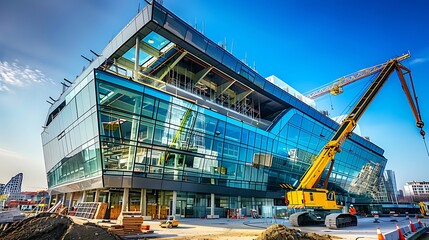 Modern building under construction with crane, urban development project