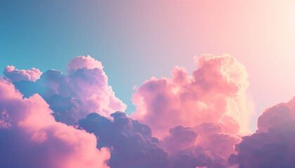 A beautiful display of fluffy, cotton candy-colored clouds against a radiant sunset sky, ranging from pink to purple hues, evoking a serene and dreamy atmosphere.