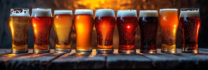 Variety of Beer Glasses Phone Wallpaper  Different Beer Types on Rustic Wooden Table | Warm Glowing Aesthetic | Vertical HD Mobile Background