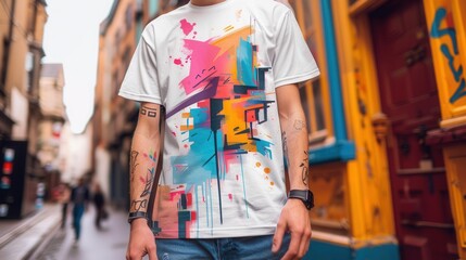Obraz premium Urban streetwear t-shirt with graffiti elements and negative space --ar 16:9 --stylize 250 Job ID: e093df9b-46e4-49ca-bb96-1ccc0bb19d61