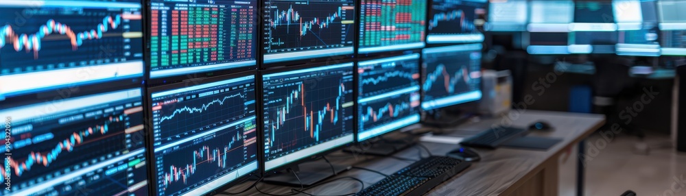 Poster a modern trading room featuring multiple screens displaying financial data and stock charts for dail