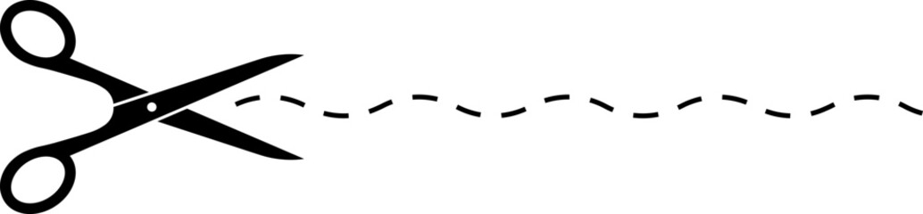 Scissors with cut dotted line vector illustration. Cut coupon. Snip ribbon. Black scissors isolated on white background.