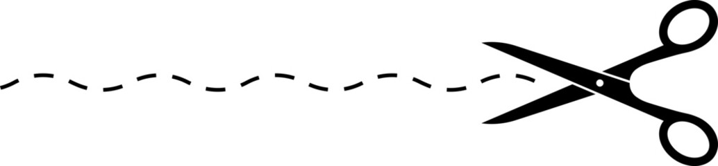 Scissors with cut dotted line vector illustration. Cut coupon. Snip ribbon. Black scissors isolated on white background.