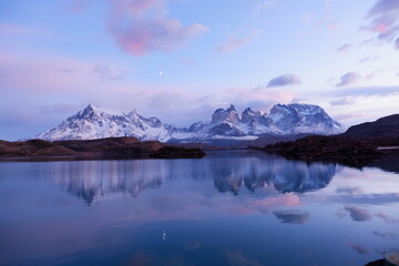 Sunrise at Cordillera Paine seen over Pehoé Lake, Torres del Paine National Park in Chilean...