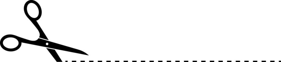 Scissors with cut dotted line vector illustration. Cut coupon. Snip ribbon. Black scissors isolated on white background.