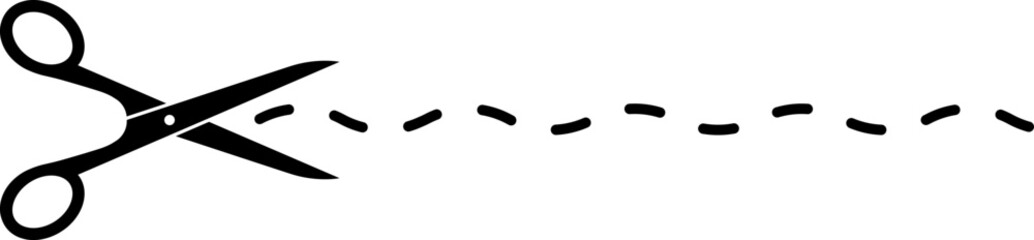 Scissors with cut dotted line vector illustration. Cut coupon. Snip ribbon. Black scissors isolated on white background.