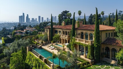 A large house with a pool and a view of the city. The sun is setting, creating a warm and inviting atmosphere