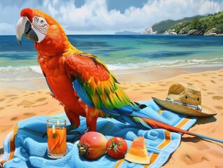 A vibrant parrot perched on a colorful beach towel, capturing the essence of summer relaxation and tropical vibes